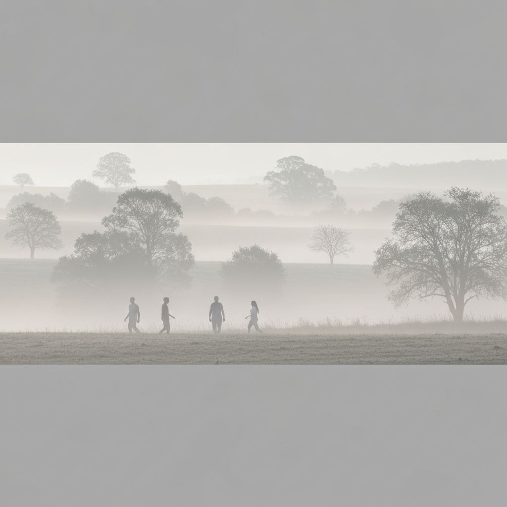 Distant figures moving naturally in landscape